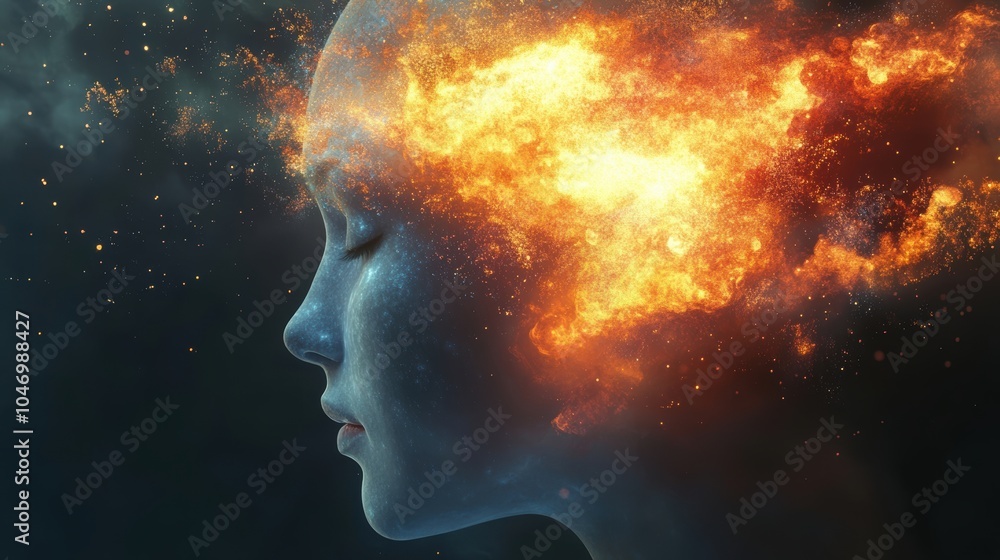 Surreal portrait of artistic explosion: a fusion of human emotion and fiery colors Surreal portrait of artistic explosion: a fusion of human emotion and fiery colors
