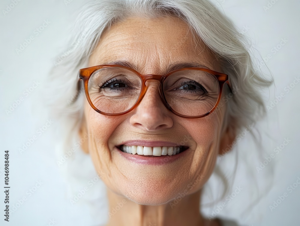 close-up portrait of a joyful senior woman wearing stylish eyeglasses, exuding confidence and warmth against a clean white backdrop, celebrating the beauty of aging close-up portrait of a joyful senior woman wearing stylish eyeglasses, exuding confidence and warmth against a clean white backdrop, celebrating the beauty of aging