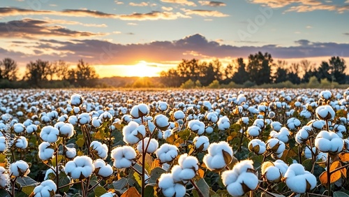 Cotton fields under the soft autumn light and sunset glow, harvest season