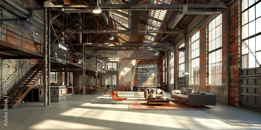 A converted European warehouse space, its exposed brick walls and metal accents showcasing industrial chic design. A converted European warehouse space, its exposed brick walls and metal accents showcasing industrial chic design.