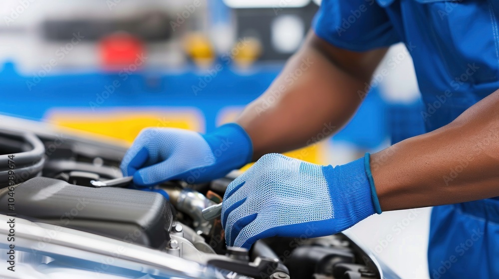 Mechanic wearing blue gloves repairing car engine in auto repair shop Mechanic wearing blue gloves repairing car engine in auto repair shop