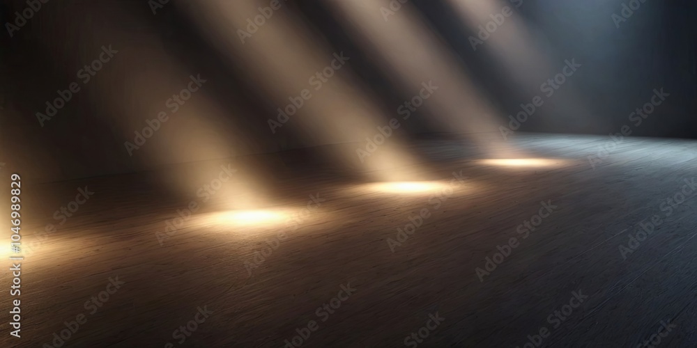 Obraz premium A dark room with a wooden floor and four lights shining on it