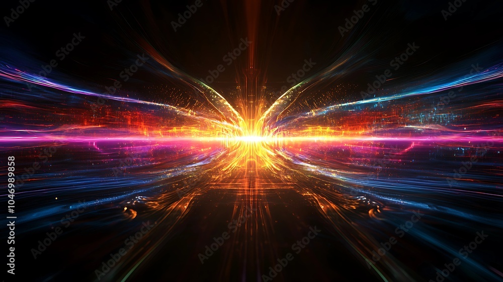 glowing lines pulse outward from a central point, forming a digital energy wave with intense colors set against a deep, dark backdrop glowing lines pulse outward from a central point, forming a digital energy wave with intense colors set against a deep, dark backdrop