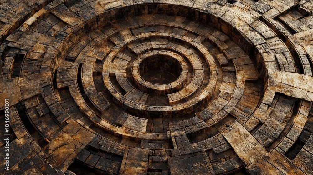 Fototapeta premium Circular Maze. Abstract Labyrinth Puzzle Challenge in 3D Rendering Top View