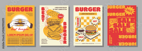 Vintage Burger Poster Collection with Classic Artwork, and Eye-Catching Colors celebrating mouthwatering burgers in retro style.