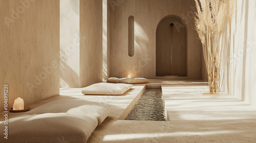 A modern meditation space with soft calming colors 