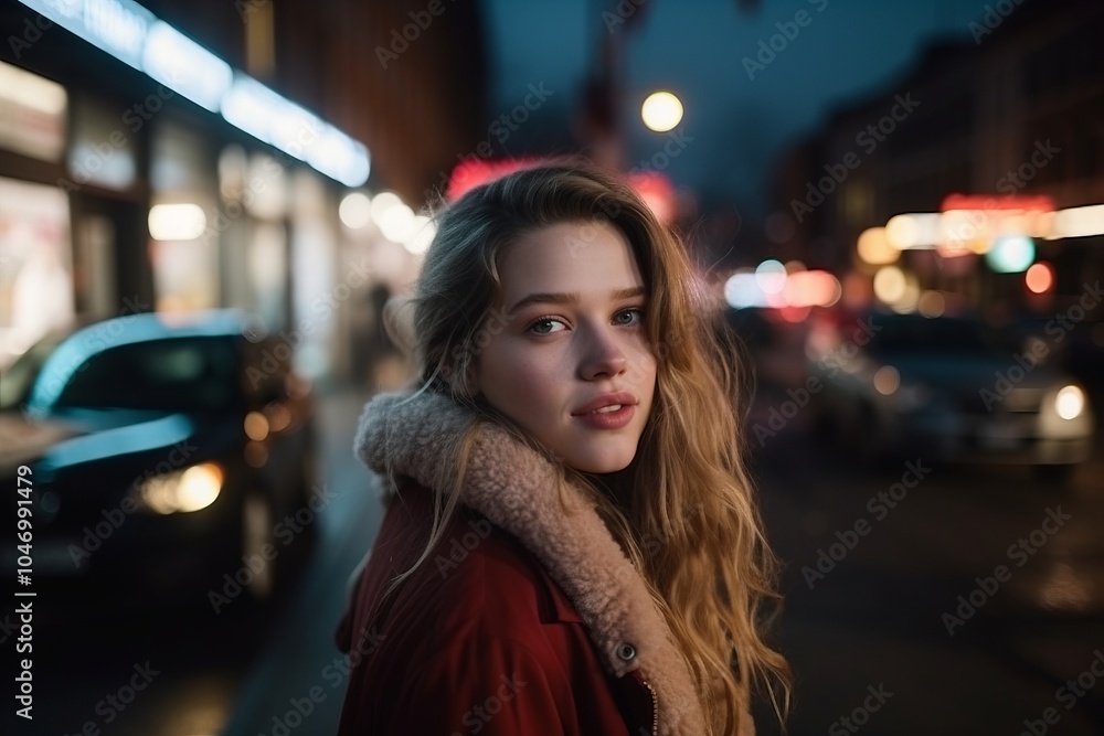 Portrait of a beautiful young woman in the city at night.