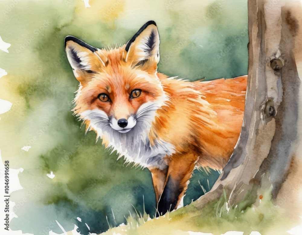 Naklejka premium Vibrant watercolor painting of a fox peeking from behind a tree, nature animal art concept