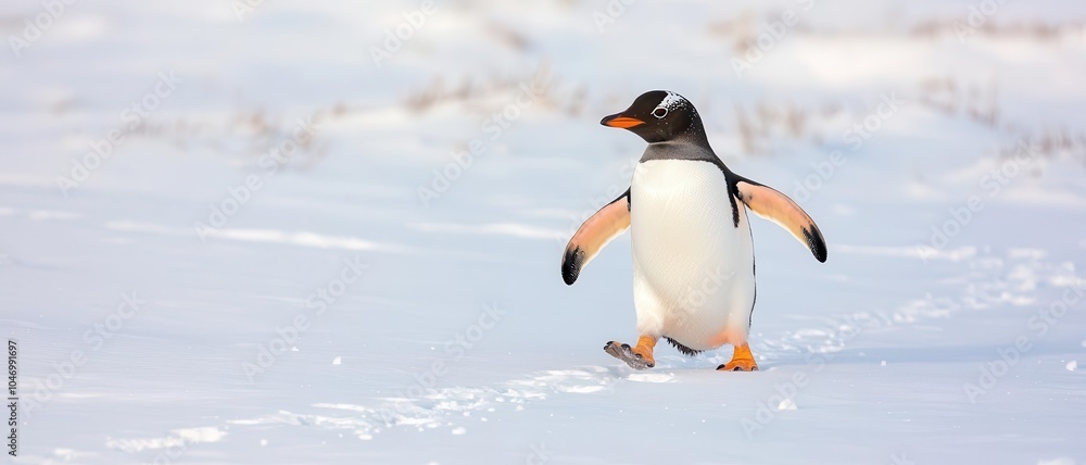 Obraz premium A lone penguin waddles through a snowy landscape, showcasing its distinctive black and white plumage against the white backdrop.