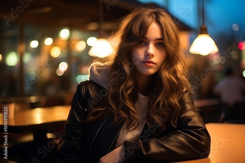 Portrait of a beautiful young woman sitting in a cafe at night