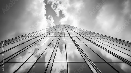 Wallpaper Mural An upward vertical perspective of a modern skyscraper, focusing on its reflective glass facade and sharp edges, set against a cloudy sky in grayscale Torontodigital.ca