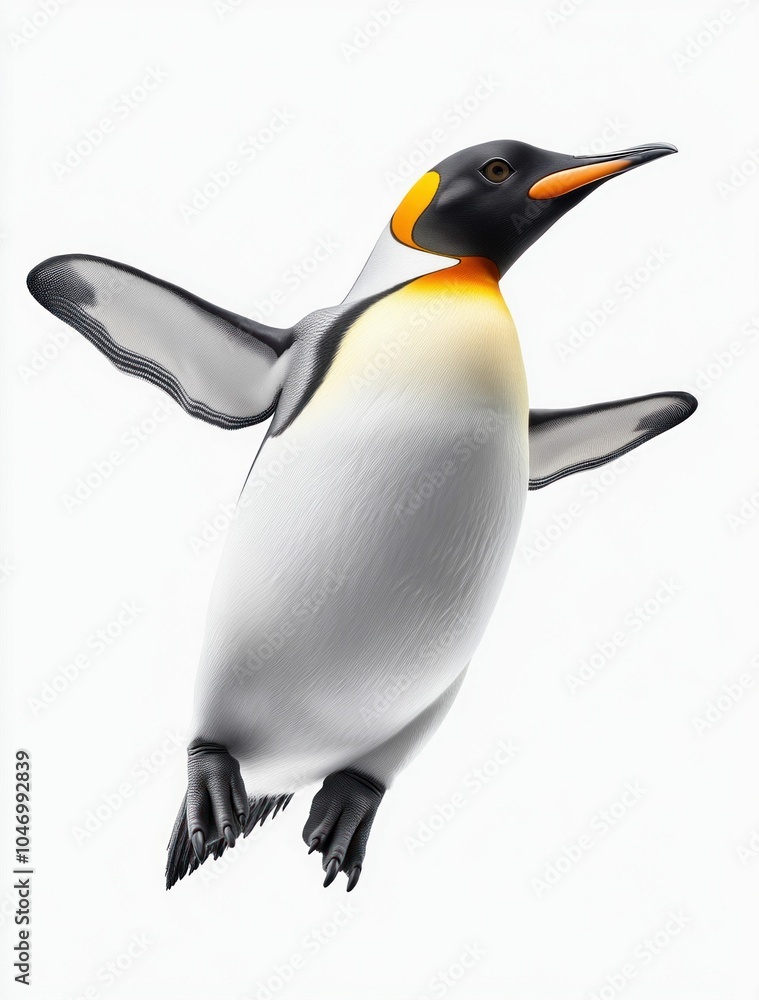 Fototapeta premium Penguin Jumping with Arms Spread Against White Background