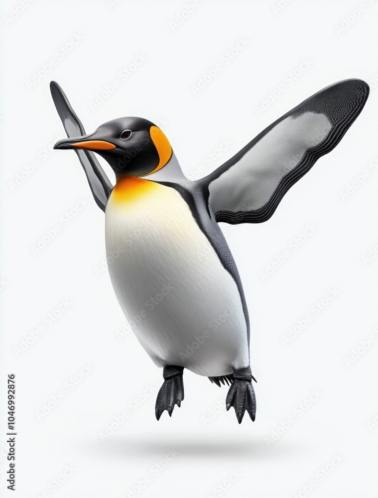 Fototapeta premium Penguin Jumping with Arms Spread Against White Background