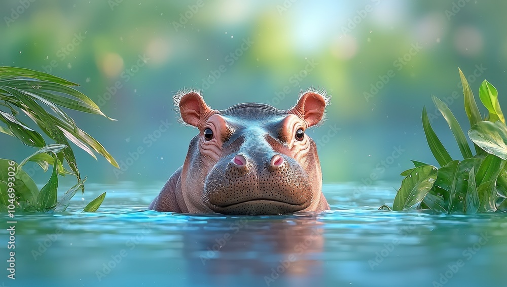 Fototapeta premium Cute baby hippopotamus submerged in water, surrounded by lush green foliage. Concept of wildlife, nature, Africa