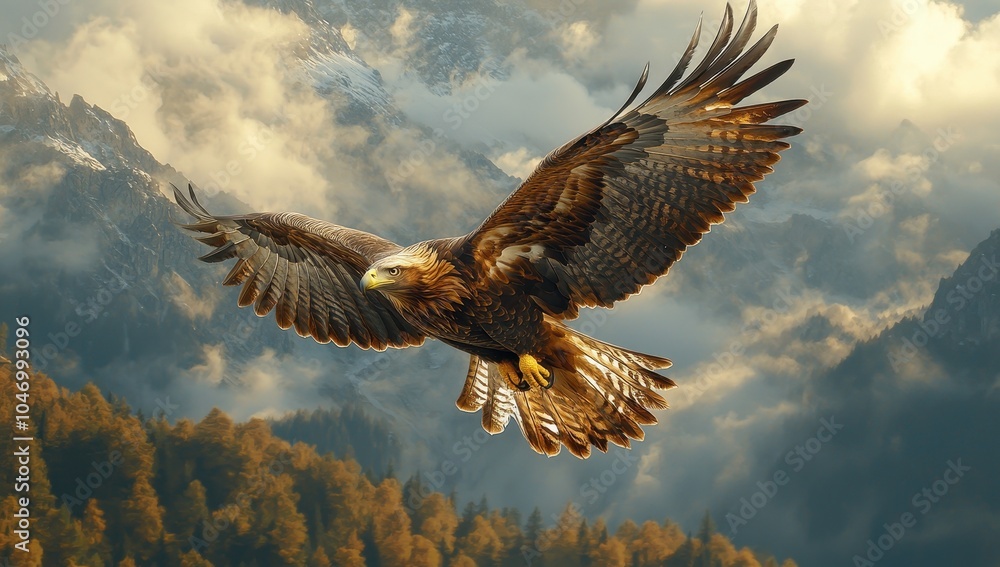 Obraz premium Golden Eagle Soaring Above Mountain Peaks, A Symbol of Freedom and Power