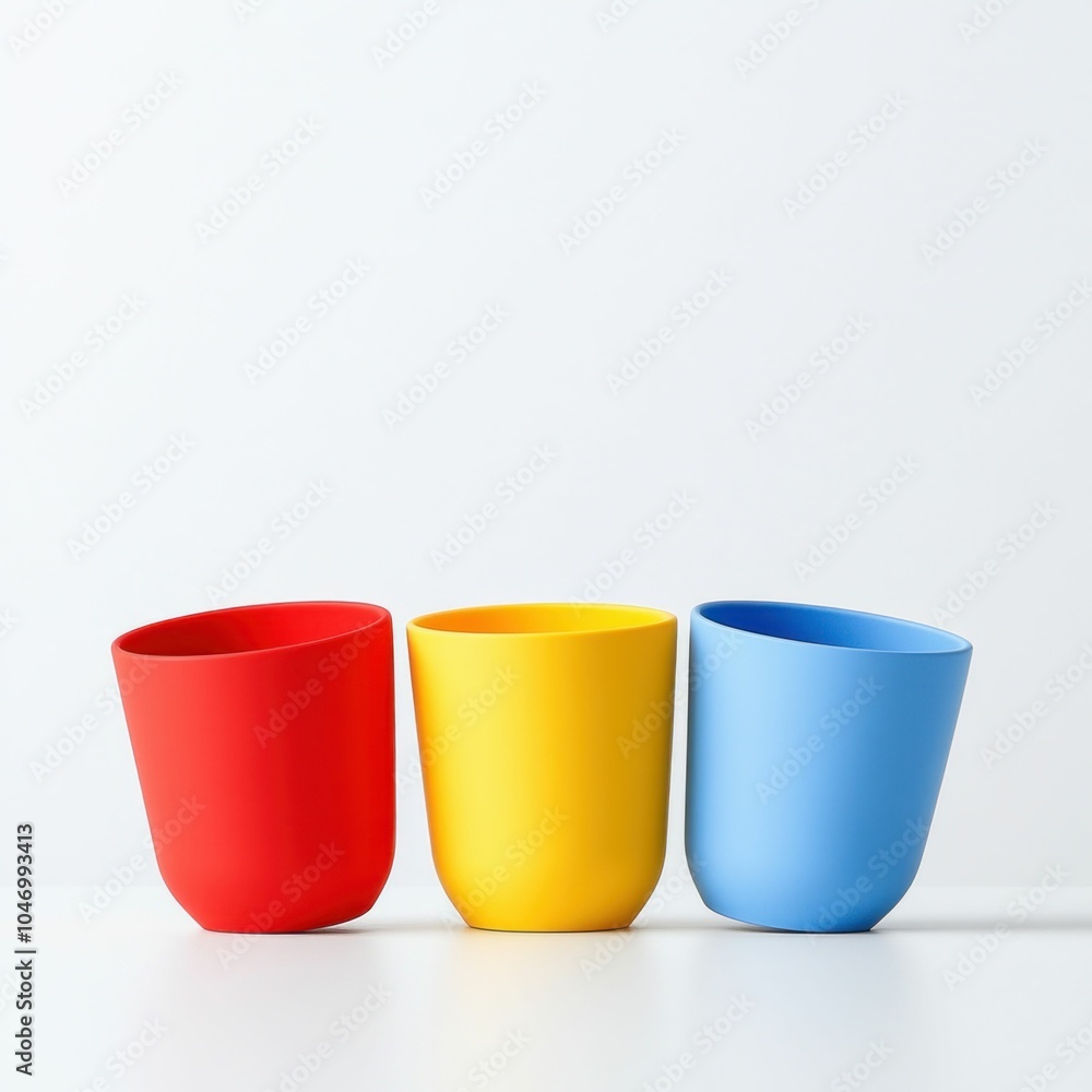 Three Colorful Upside-Down Cups on a Clean White Table Three Colorful Upside-Down Cups on a Clean White Table