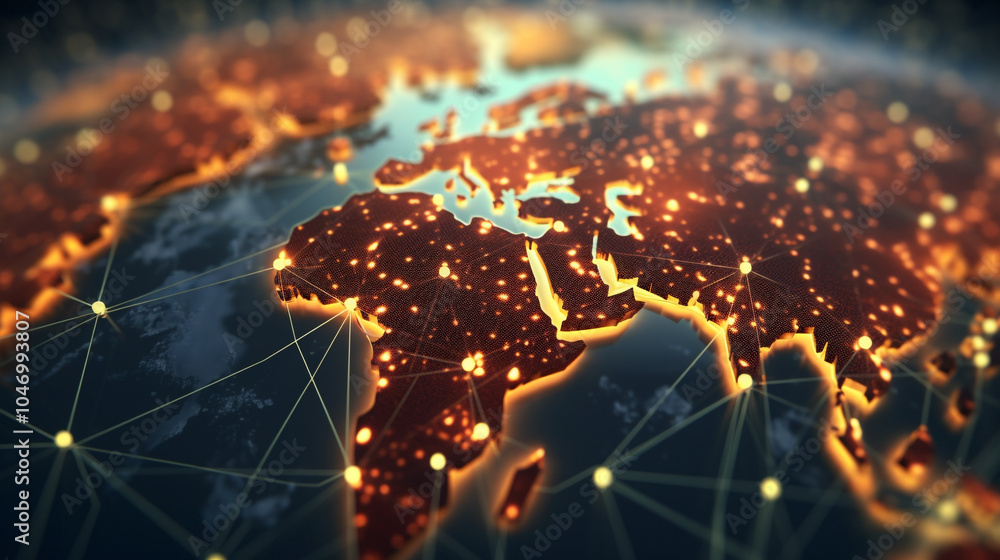 Global communication network interconnected nodes and data flow symbolize worldwide connectivity A globe with a lot of lights Global communication network interconnected nodes and data flow symbolize worldwide connectivity A globe with a lot of lights