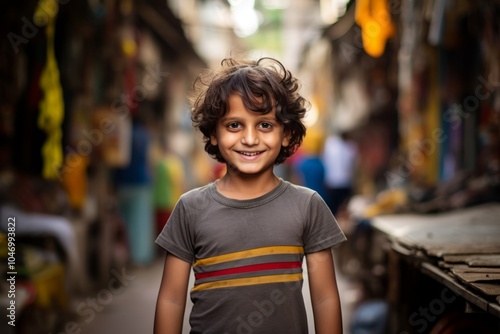 Portrait of a cute little boy standing in the street and smiling photo