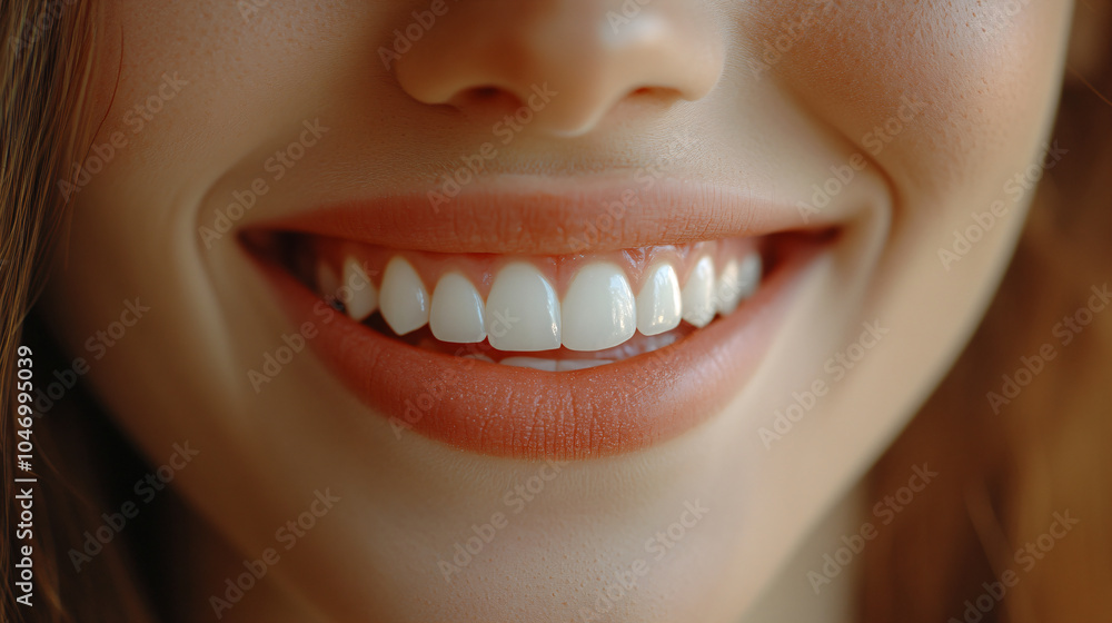 Female smile with lip filler. Open mouth with perfect teeth. Dental care, whitening healthy procedure, orthodontic treatment. Fashion cosmetic concept. Sensual beauty banner with copy space