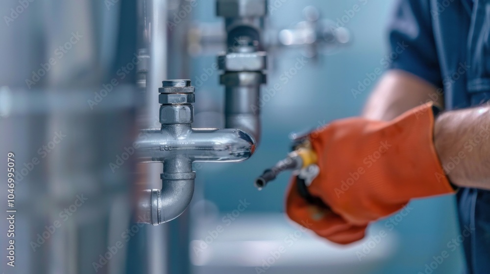 Plumber in orange gloves working on industrial metal pipes with blowtorch Plumber in orange gloves working on industrial metal pipes with blowtorch