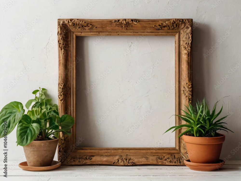 Flowers and green plants decorate the blank wooden frame beautifully. Flowers and green plants decorate the blank wooden frame beautifully.