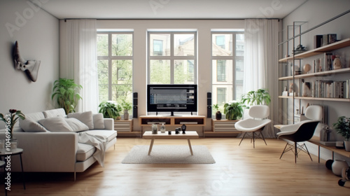 Wallpaper Mural Nice Interior design, Modern and comfortable living room. Warm lighting that creates a cozy atmosphere         
Contemporary living room design featuring modern furniture, warm lighting, and large win Torontodigital.ca