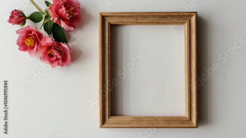 Flowers and green plants decorate the blank wooden frame beautifully.