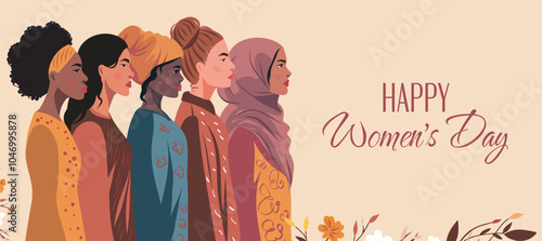 Women's day. Women's group, girls of different cultures and skin colors. Feminism. Movements for gender equality and women's empowerment. Vector banner