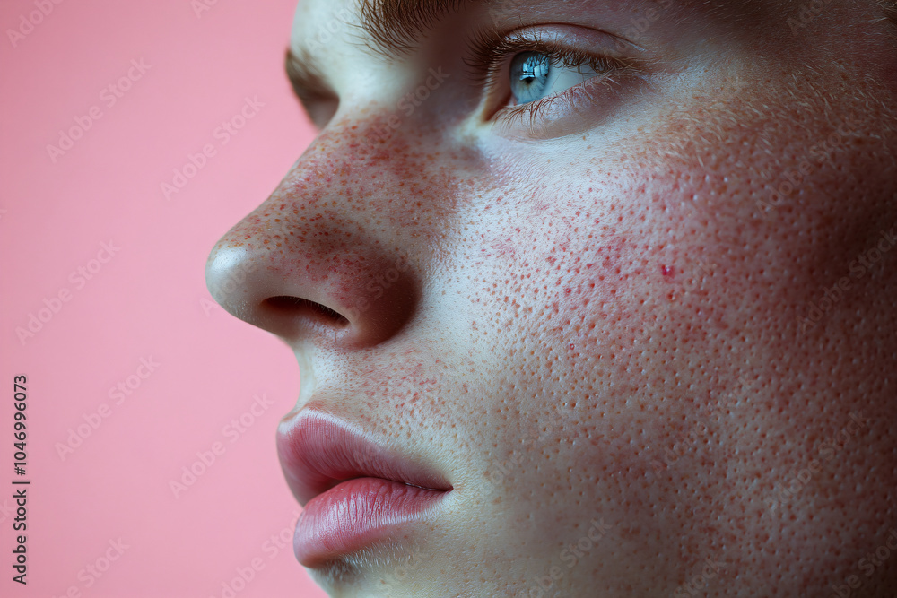 Closeup man face with red pimples, inflammation on face and problem skin. Acne, rosacea and couperose therapy. Facial treatment skincare routine and hygiene Cosmetic and beauty banner with copy space Closeup man face with red pimples, inflammation on face and problem skin. Acne, rosacea and couperose therapy. Facial treatment skincare routine and hygiene Cosmetic and beauty banner with copy space