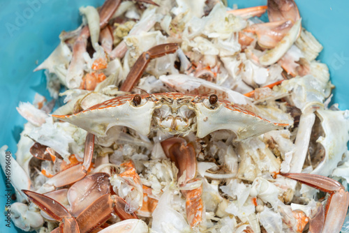 Steamed blue crab shell scraps discarded in a blue plastic container after eating. photo