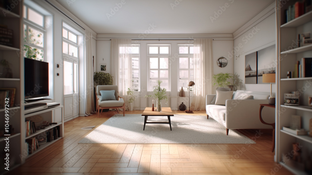 Obraz premium Living room architecture furniture building. Zen Simplicity: Neutral white and gray with clean lines and natural materials promote a sense of calm and tranquility. Photo interior modern design