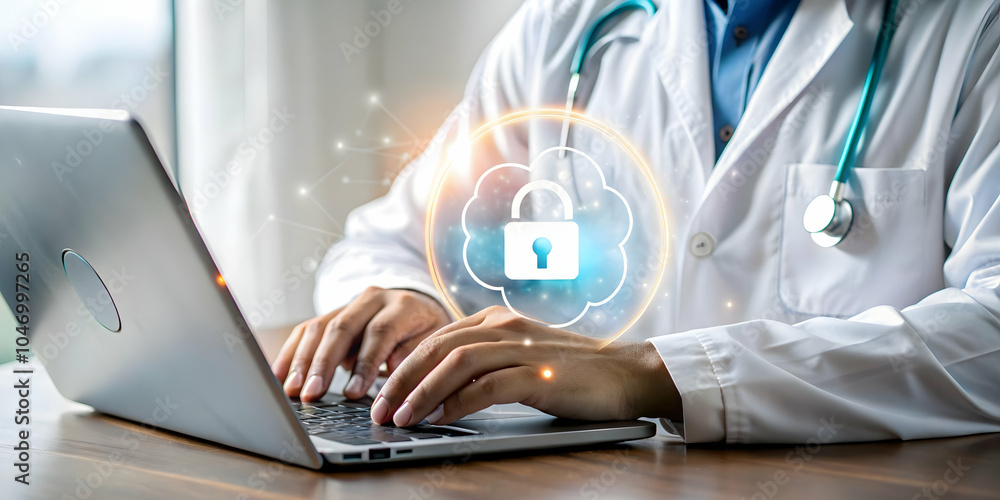 Close Up Tech Savvy Healthcare IT Specialist Secure Cloud Interface Laptop Cloud Security Managing Healthcare Data Copy Space Photo Stock Concept Close Up Tech Savvy Healthcare IT Specialist Secure Cloud Interface Laptop Cloud Security Managing Healthcare Data Copy Space Photo Stock Concept