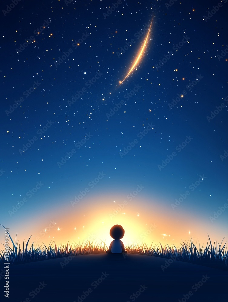 Fototapeta premium A child gazes at a starry sky, captivated by a shooting star and the glow of dawn, evoking wonder and hope.