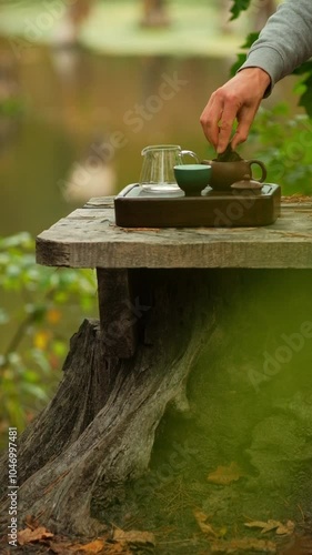 Put a portion of pu erh tea kettle. Chinese tea ceremony. Ceramic kettle. Close-up. Vertical video photo