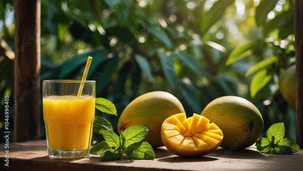 Bright yellow mango juice in a glass, with a garnish of mint and sunlight filtering through nearby trees. Bright yellow mango juice in a glass, with a garnish of mint and sunlight filtering through nearby trees.