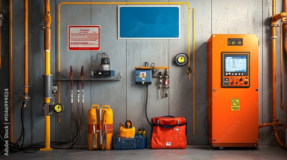 Industrial gas monitor and emergency safety equipment placed near a warning sign in a workplace environment emphasizing safety precautions and risk management procedures Industrial gas monitor and emergency safety equipment placed near a warning sign in a workplace environment emphasizing safety precautions and risk management procedures