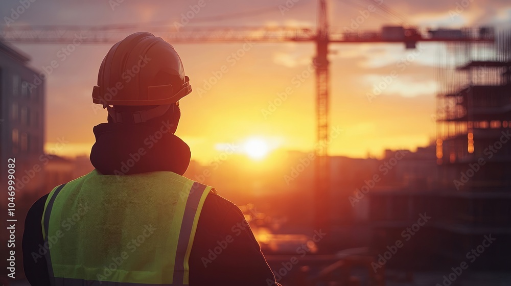 Close-Up of Engineer in Orange Safety Vest and Hard Hat at Construction Site During Sunset Close-Up of Engineer in Orange Safety Vest and Hard Hat at Construction Site During Sunset