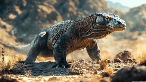 A large Komodo dragon stands on a rocky, dusty surface, its scales shimmering in the sun.