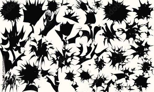 Black and White Ink Splatter Abstract Art. Chaotic Ink Pattern, Random Inkblots on White Background. Sharp Edge Ink Splatter Vector Graphic