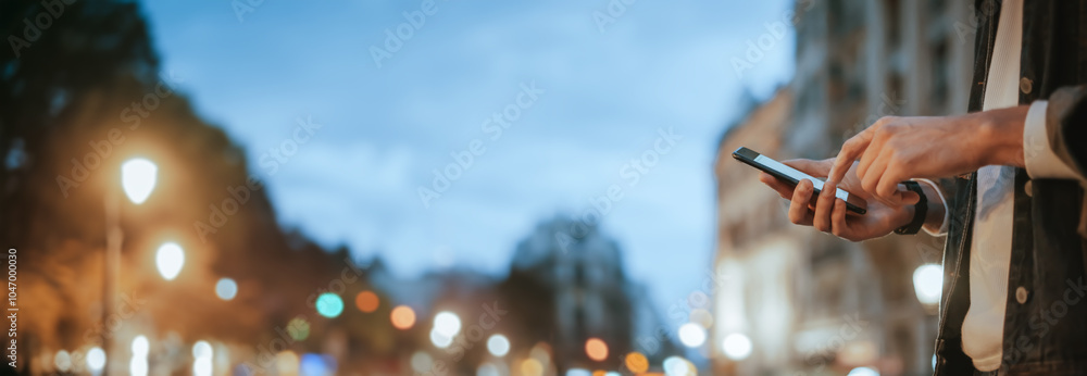 Εκτύπωση καμβά Close-up of male hands with smartphone outdoors