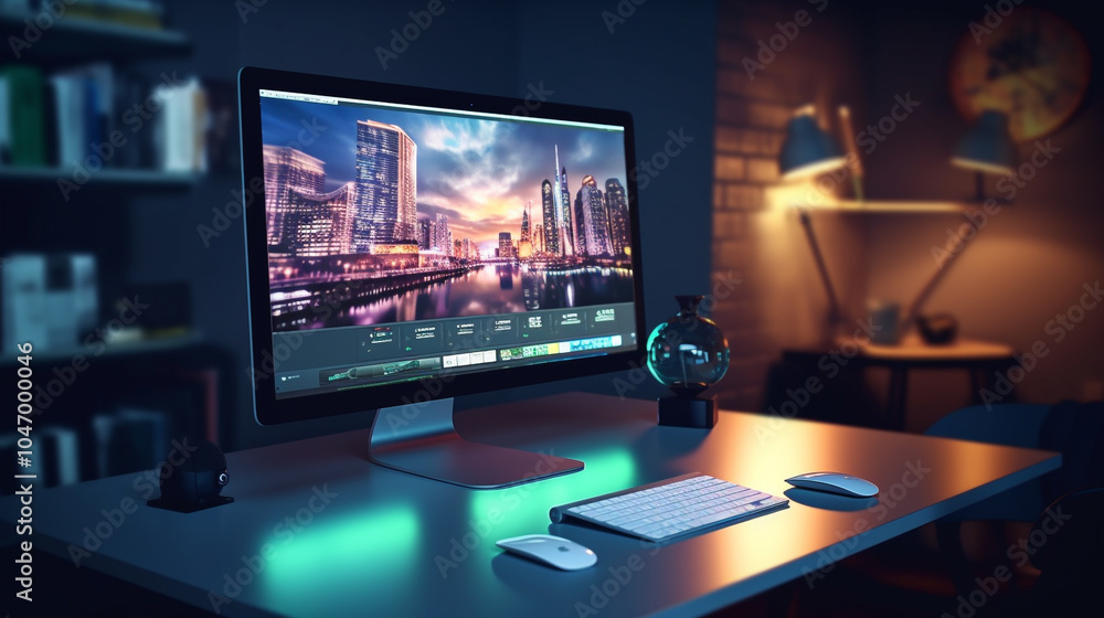 Modern Office At Night Professional Recording Studio with Modern Equipment and Blue Lighting
Modern Office At Night Professional Recording Studio with Modern Equipment and Blue Lighting
