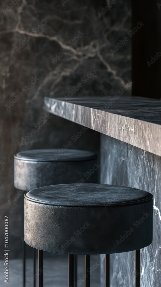 A designer kitchen with waterfall marble countertops and minimalist bar stools, featuring matte black fixtures A designer kitchen with waterfall marble countertops and minimalist bar stools, featuring matte black fixtures