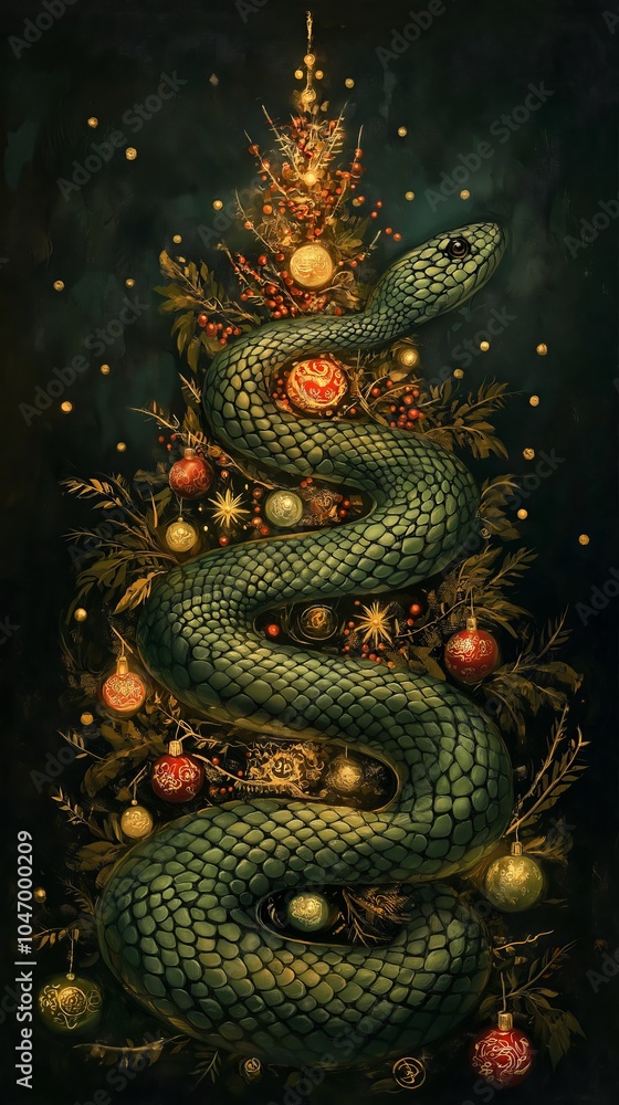 Fototapeta premium Green snake wrapped around a decorated Christmas tree 