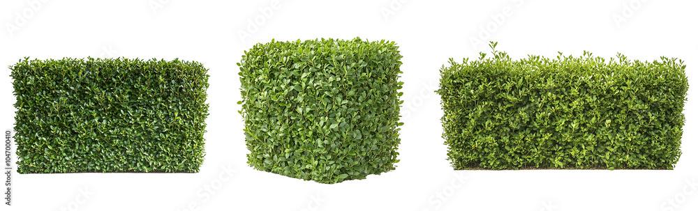 Obraz premium Set of compact hedge bush, neatly trimmed and shaped, isolated on a bright white or transparent background, showcasing the clean lines and order of the garden element
