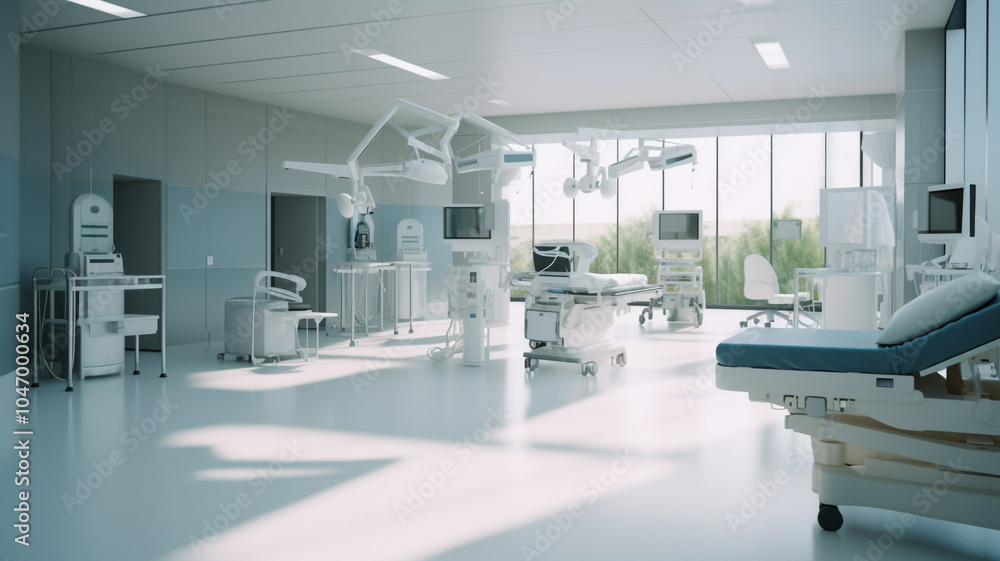 The space is orderly, with clear directional signs and a soothing color palette. A modern hospital hallway with smooth, shiny floors and stylish lighting fixtures The space is orderly, with clear directional signs and a soothing color palette. A modern hospital hallway with smooth, shiny floors and stylish lighting fixtures