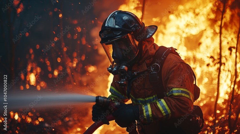 Firefighter battling blaze, using hose and wearing full protective gear, with flames in background Firefighter battling blaze, using hose and wearing full protective gear, with flames in background