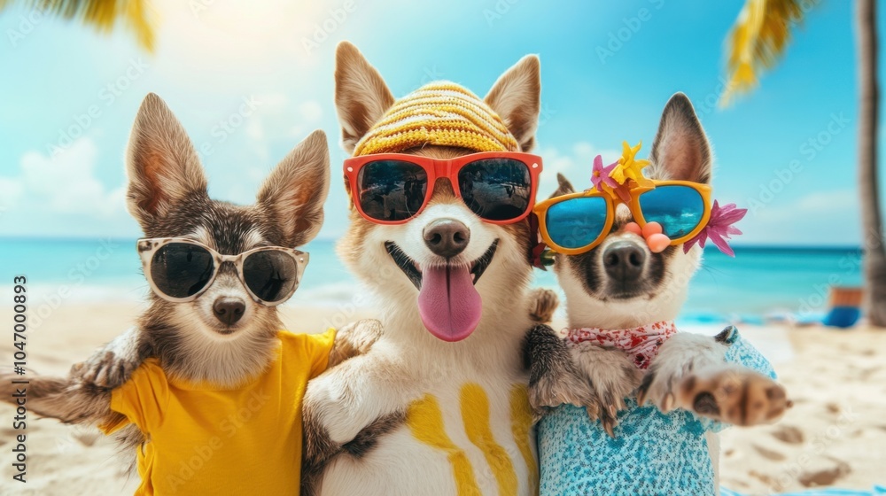 Whimsical animal selfie at a beach, with playful expressions, colorful outfits, and a sunny vibe, ideal for a lively stock photo Whimsical animal selfie at a beach, with playful expressions, colorful outfits, and a sunny vibe, ideal for a lively stock photo