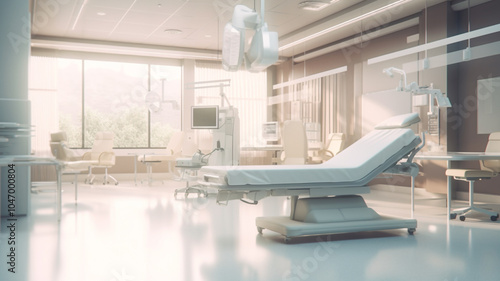 Hospital bed in a modern hospital room. The bed is empty and the room is clean and bright. The photo is taken from a patient's perspective.
 photo