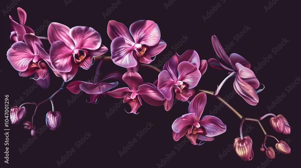 A vibrant cluster of pink orchids on a dark background. A vibrant cluster of pink orchids on a dark background.