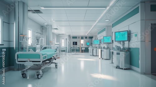 A hospital room featuring two beds neatly made up with crisp linens and a bedside table holding essentials for patient care  A well-equipped intensive care unit (ICU) in a modern Indian hospital


